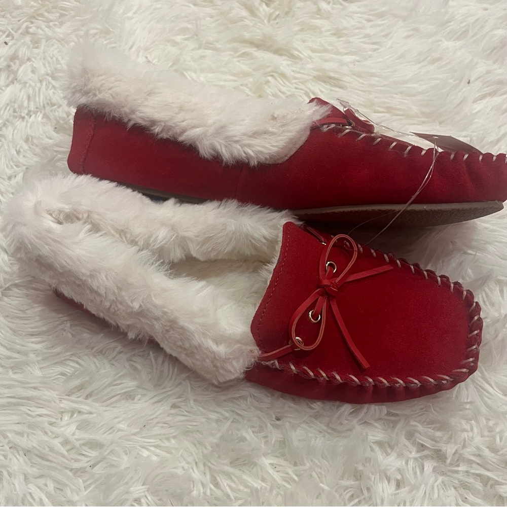 Talbots Ruby Bow Suede Faux-Fur Lined Moccasin Slippers Size 8 NWT